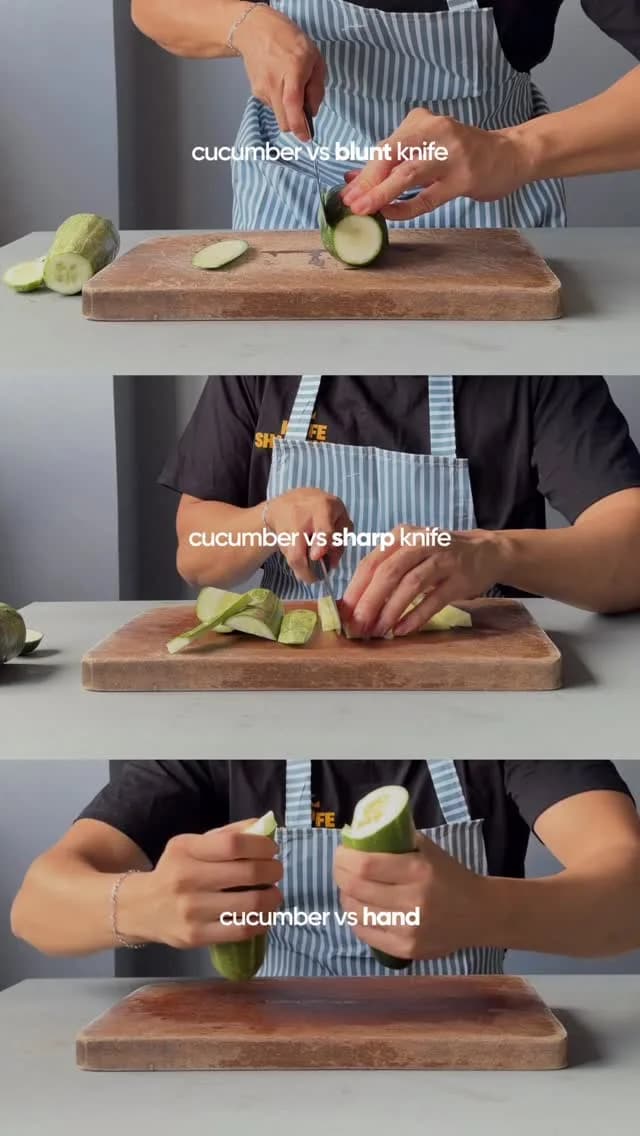 Cucumber vs blunt knife, sharp knife and bare hands