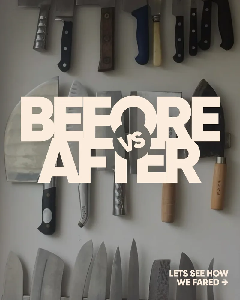 Before vs after: a batch of chipped and dull knives